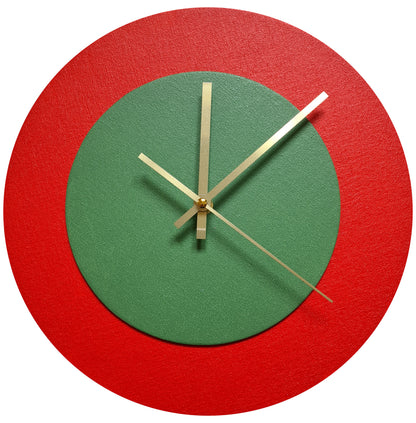 Pop Art Wanduhr Hellrot  Laubgrün mit goldenen Zeigern 30 cm rund
