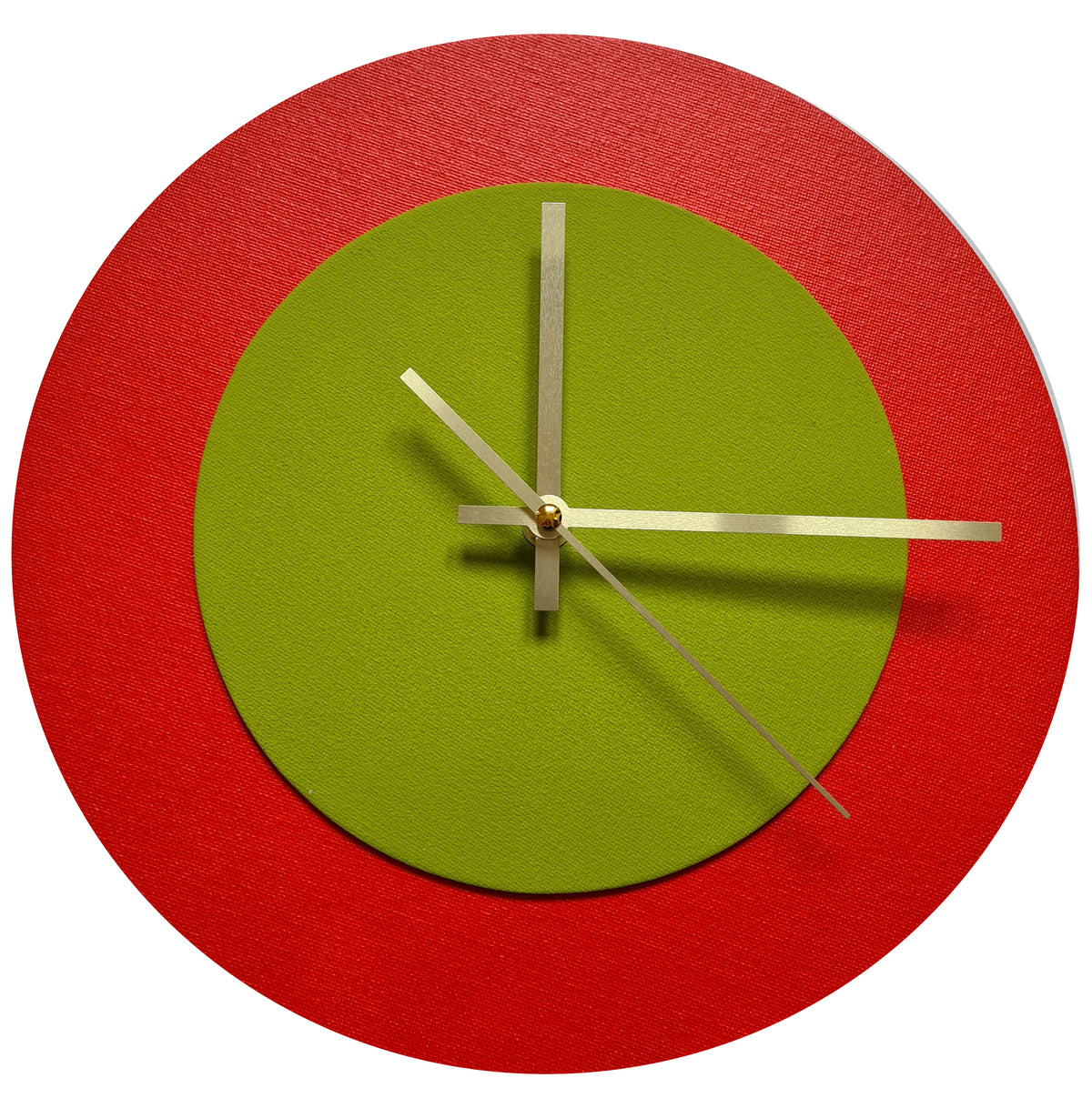 Pop Art Wanduhr Hellrot  Olivgrün mit goldenen Zeigern 30 cm rund
