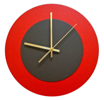 Pop Art Wanduhr Hellrot  Dunkelbraun mit goldenen Zeigern 30 cm rund

