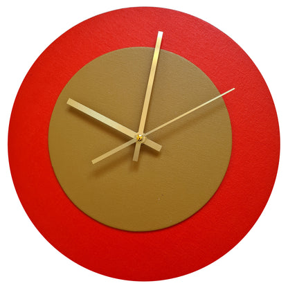 Pop Art Wanduhr Hellrot  Hellbraun mit goldenen Zeigern 30 cm rund
