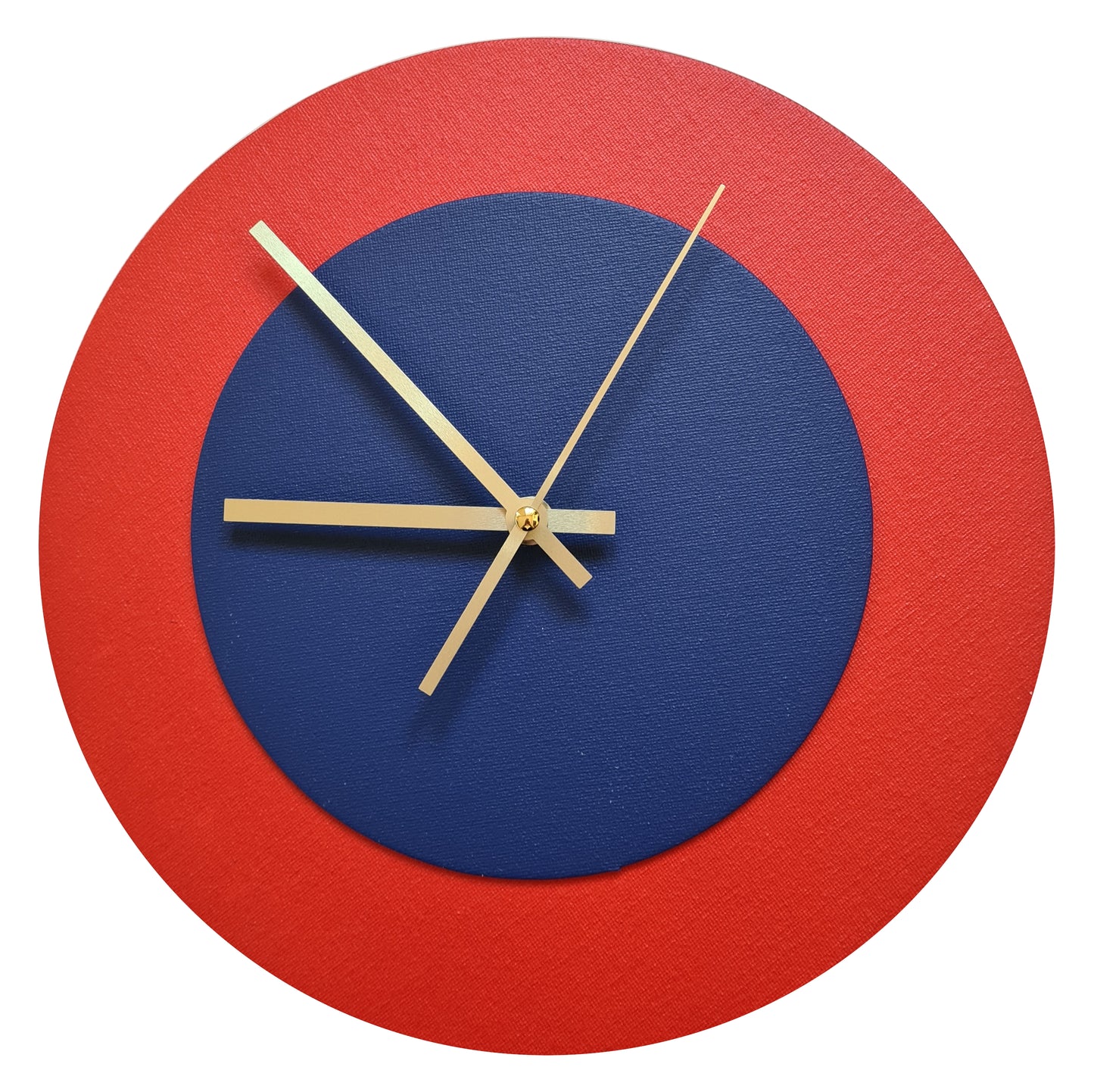 Pop Art Wanduhr Hellrot  Dunkelblau mit goldenen Zeigern 30 cm rund
