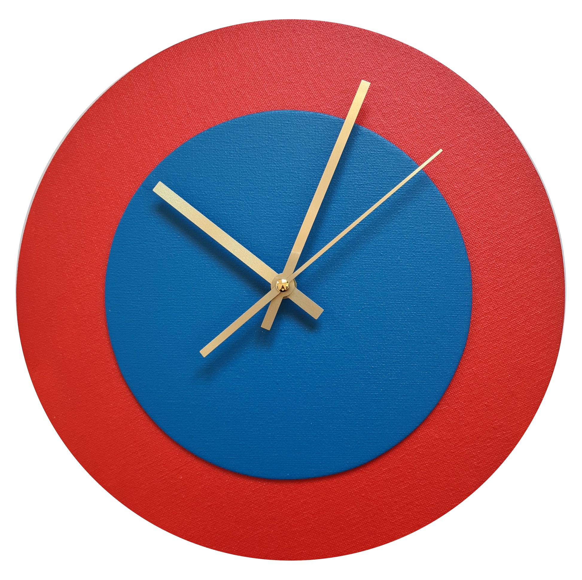 Pop Art Wanduhr Hellrot  Mittelblau mit goldenen Zeigern 30 cm rund
