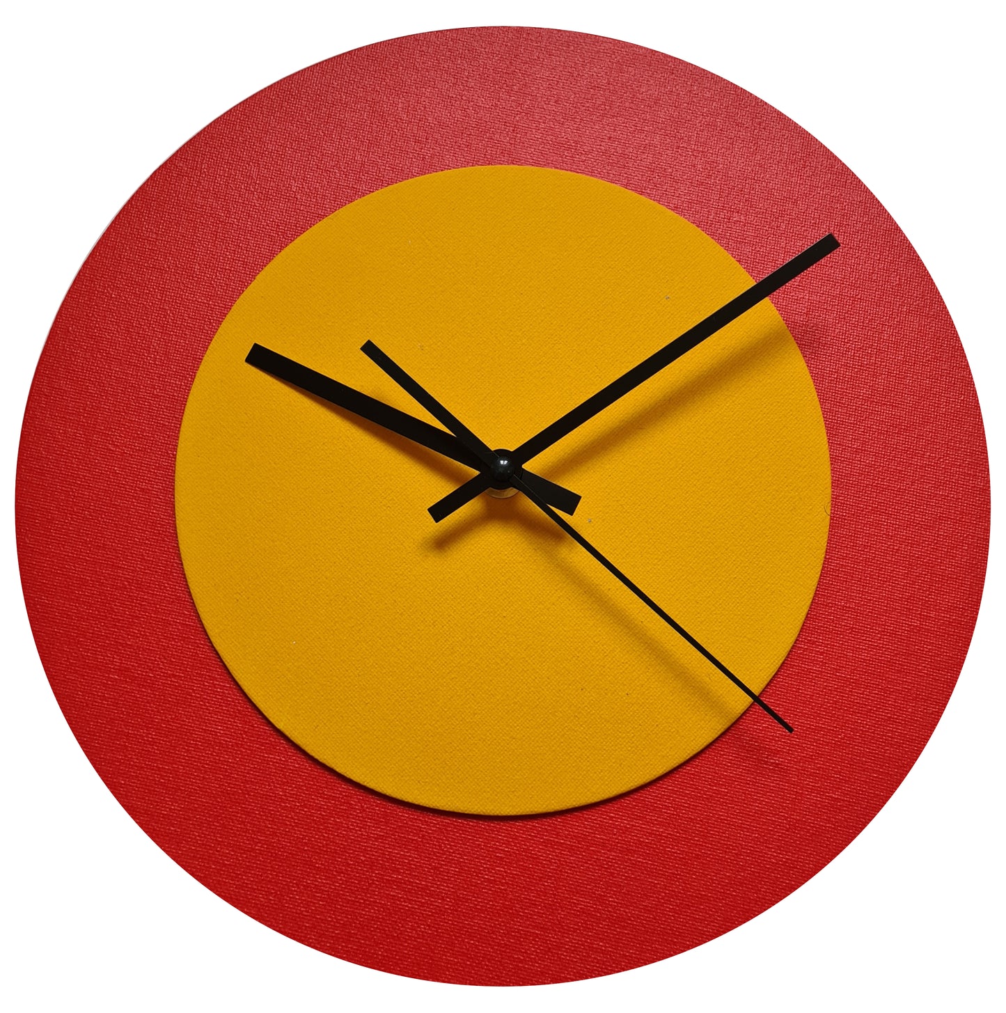 Pop Art Wanduhr Hellrot  Sonnengelb mit schwarzen Zeigern 30 cm rund
