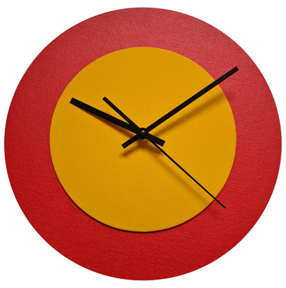 Pop Art Wanduhr Hellrot  Sonnengelb mit schwarzen Zeigern 30 cm rund

