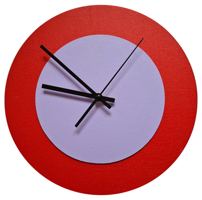 Pop Art Wanduhr Hellrot  Fliederfarben mit schwarzen Zeigern 30 cm rund
