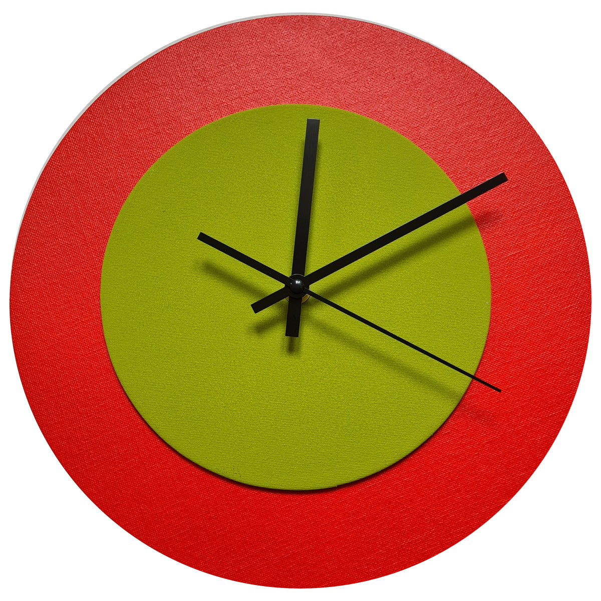 Pop Art Wanduhr Hellrot  Olivgrün mit schwarzen Zeigern 30 cm rund
