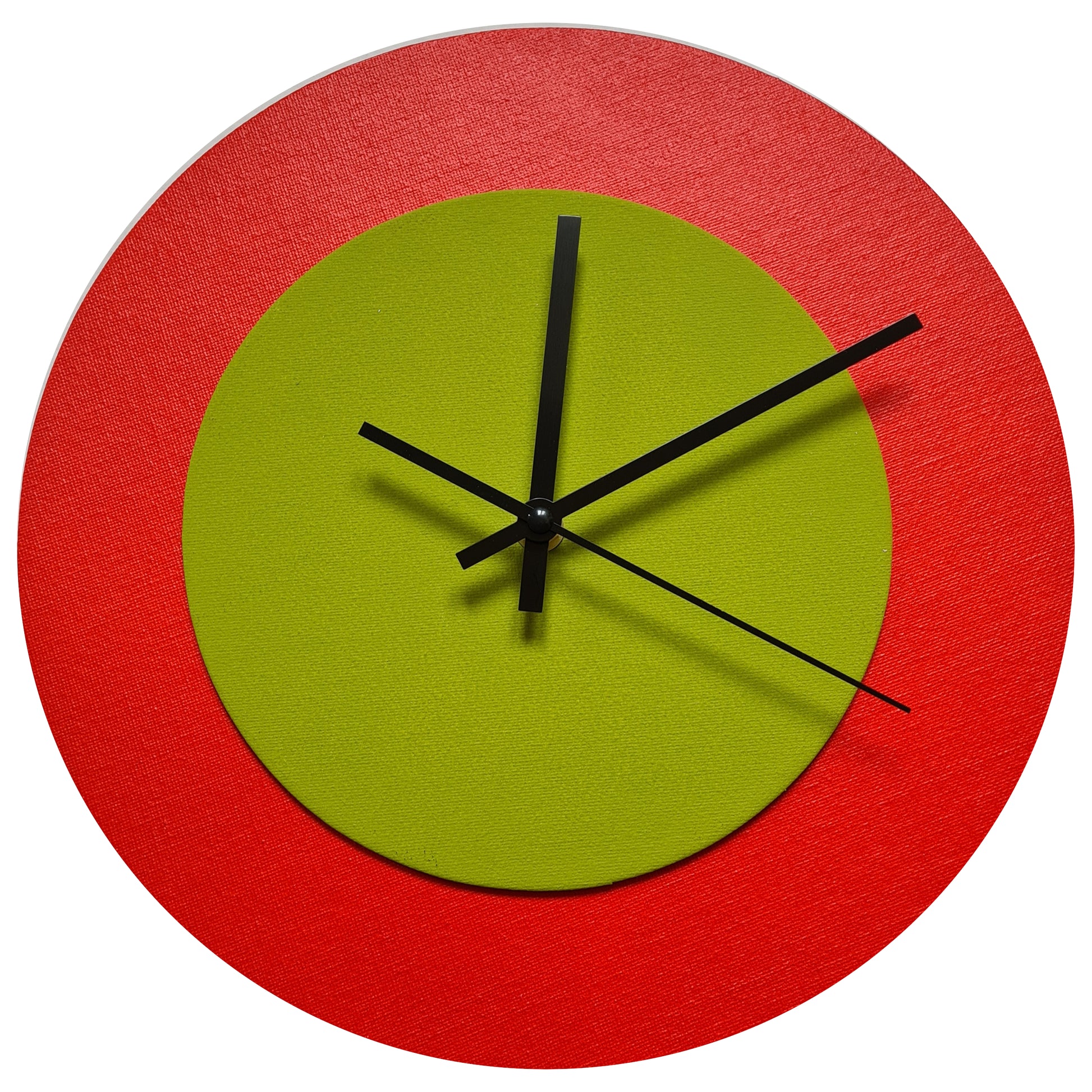 Pop Art Wanduhr Hellrot  Olivgrün mit schwarzen Zeigern 30 cm rund
