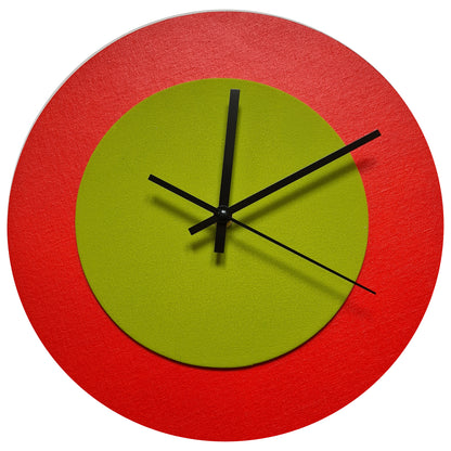 Pop Art Wanduhr Hellrot  Olivgrün mit schwarzen Zeigern 30 cm rund
