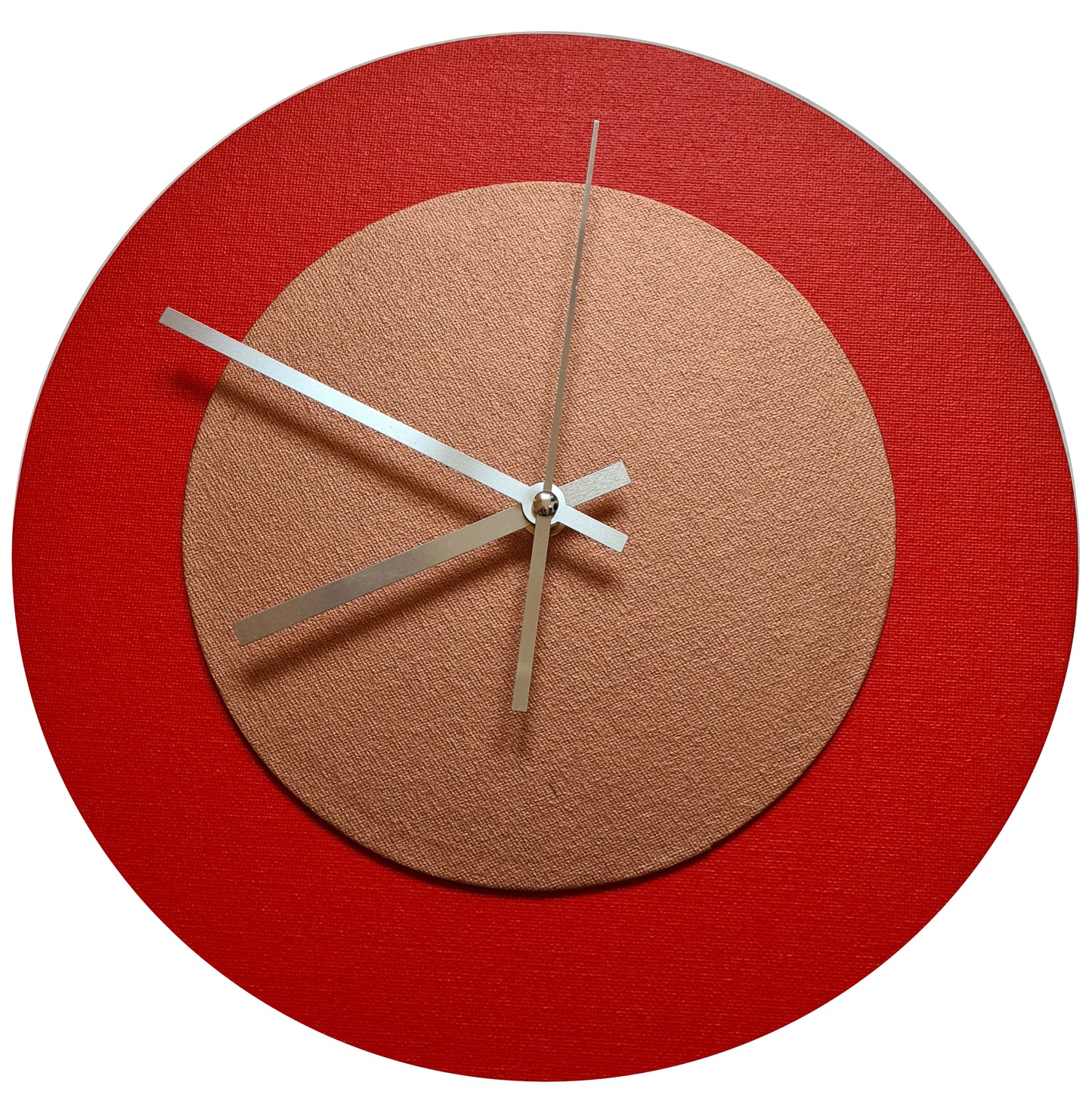 Pop Art Wanduhr Hellrot  Bronzefarben mit  silbernen Zeigern 30 cm rund
