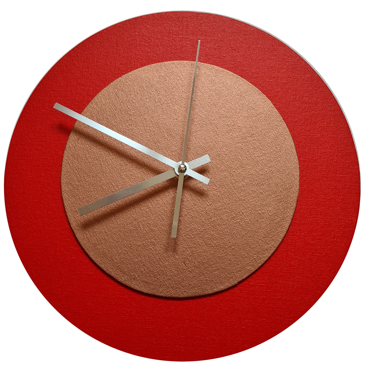 Pop Art Wanduhr Hellrot  Bronzefarben mit  silbernen Zeigern 30 cm rund
