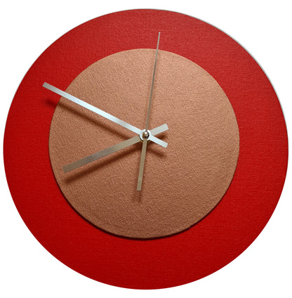 Pop Art Wanduhr Hellrot  Bronzefarben mit  silbernen Zeigern 30 cm rund

