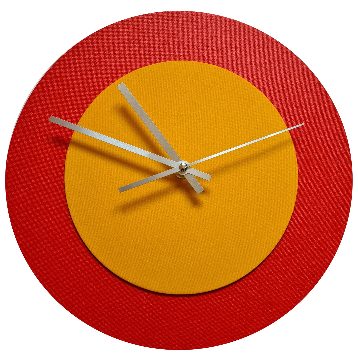 Pop Art Wanduhr Hellrot  Sonnengelb mit silbernen Zeigern 30 cm rund
