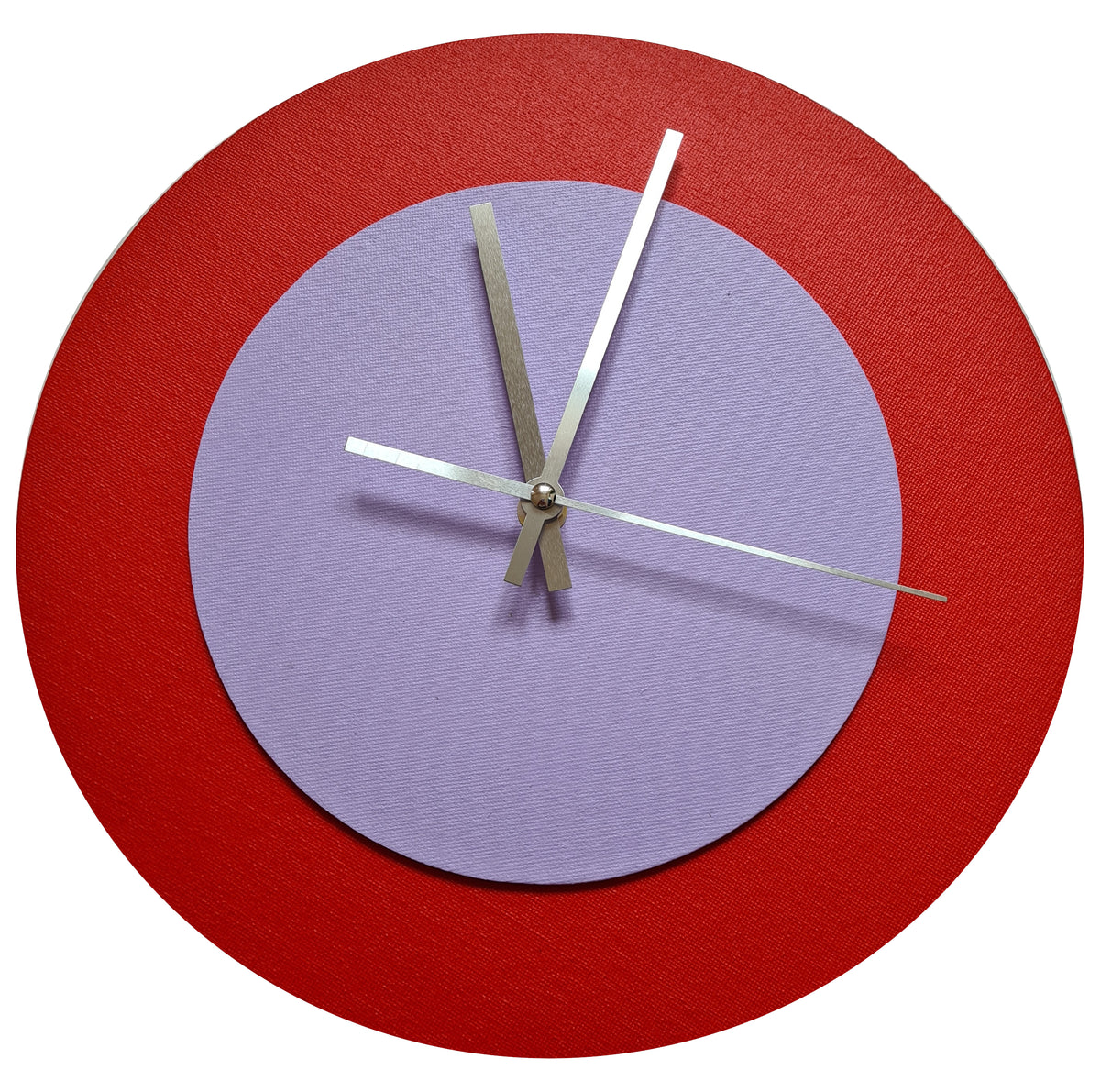 Pop Art Wanduhr Hellrot  Fliederfarben mit silbernen Zeigern 30 cm rund
