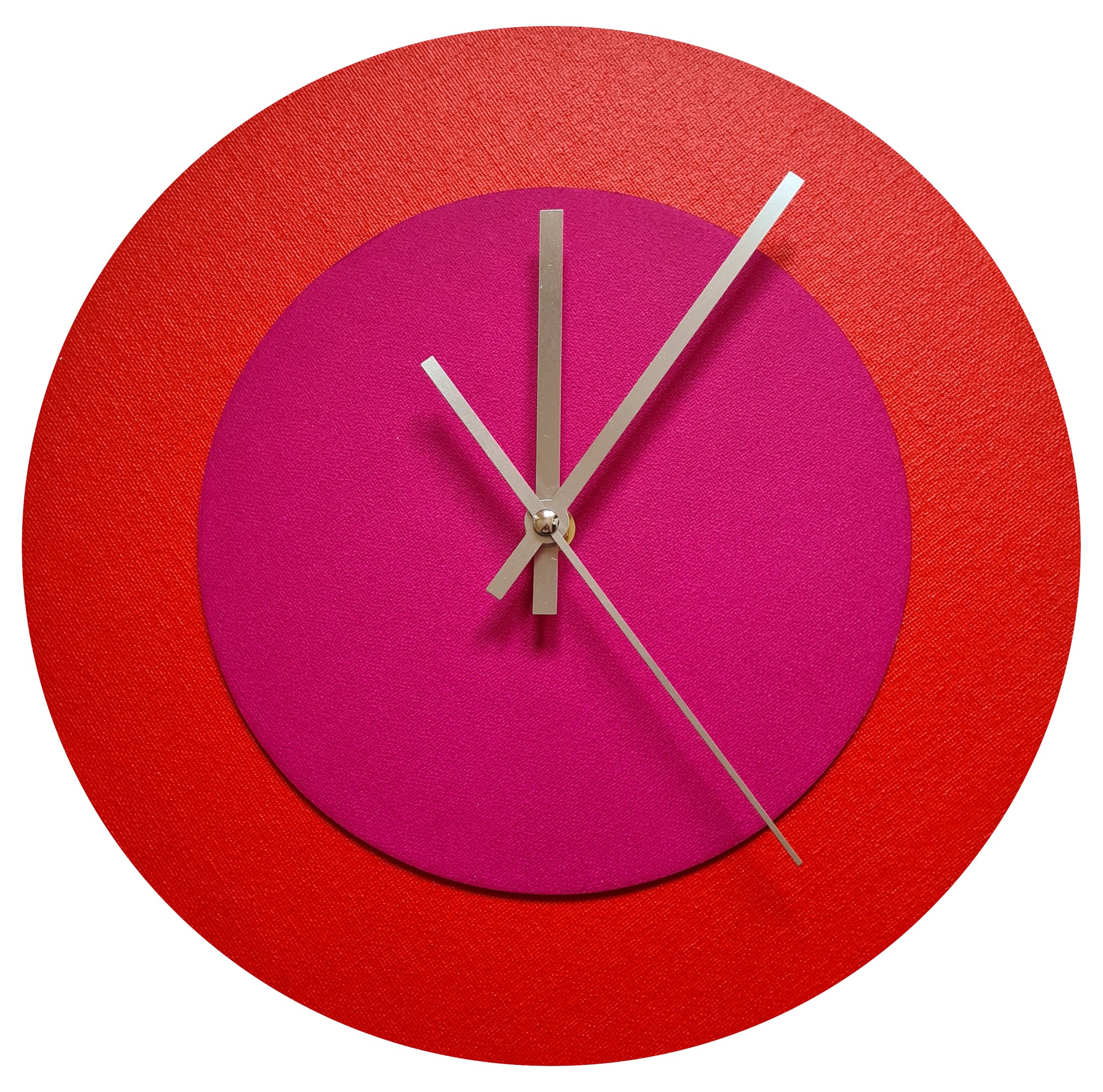 Pop Art Wanduhr Hellrot  Magentafarben mit silbernen Zeigern 30 cm rund
