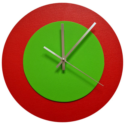 Pop Art Wanduhr Hellrot  Hellgrün mit silbernen Zeigern 30 cm rund
