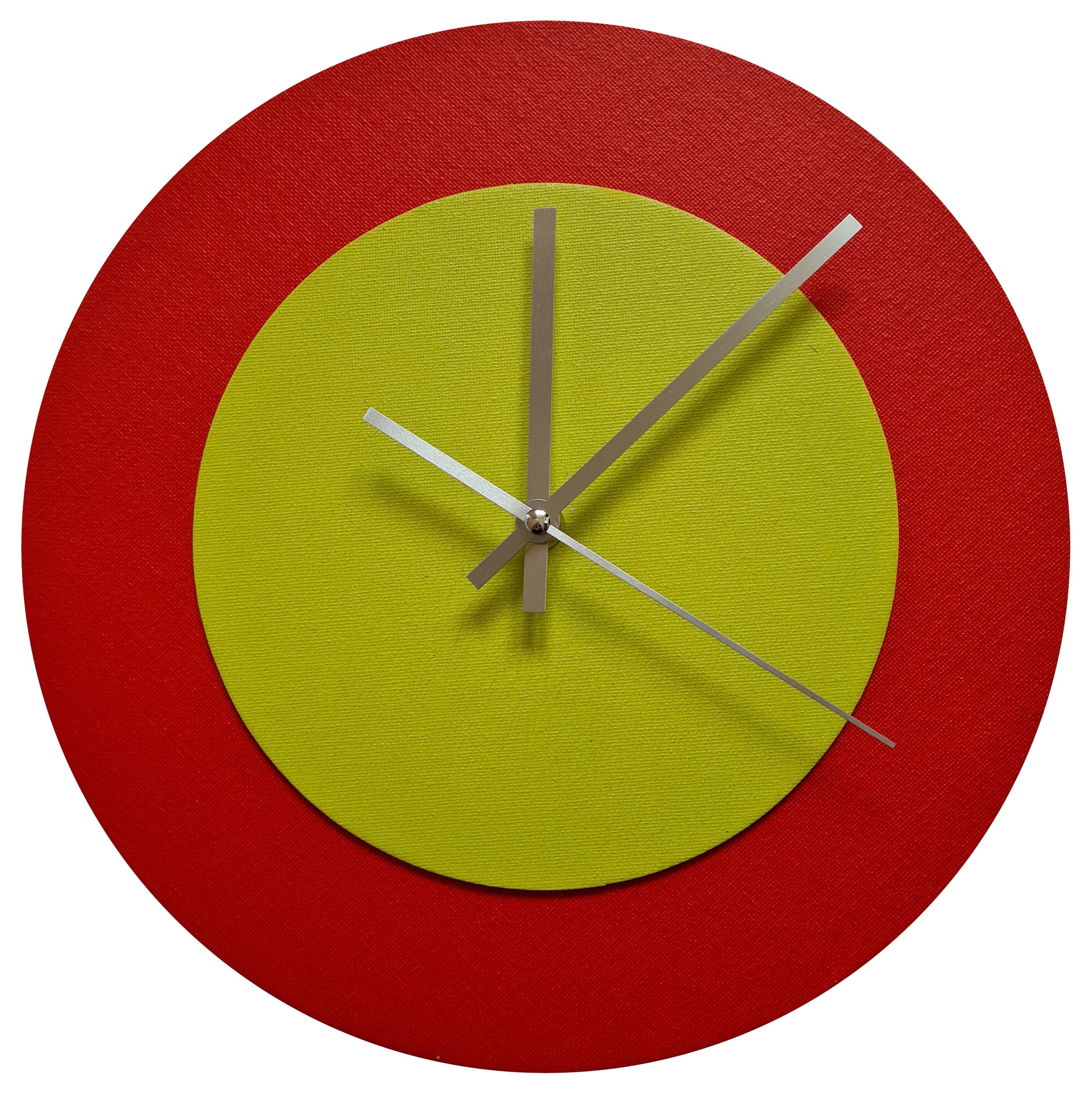 Pop Art Wanduhr Hellrot  Farngrün mit silbernen Zeigern 30 cm rund

