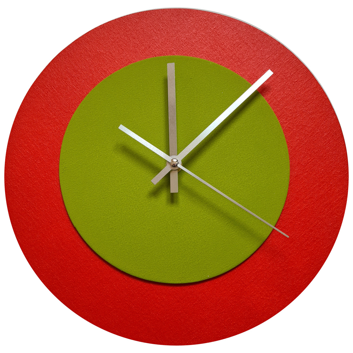 Pop Art Wanduhr Hellrot  Olivgrün mit silbernen Zeigern 30 cm rund
