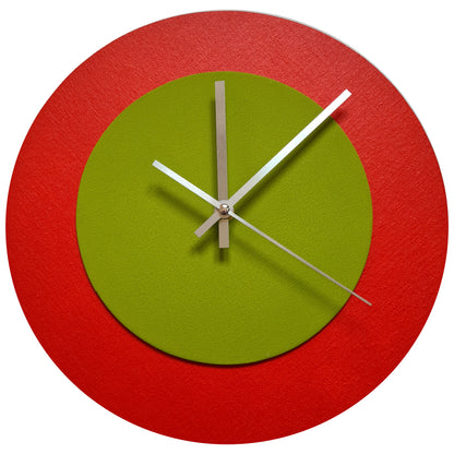 Pop Art Wanduhr Hellrot  Olivgrün mit silbernen Zeigern 30 cm rund
