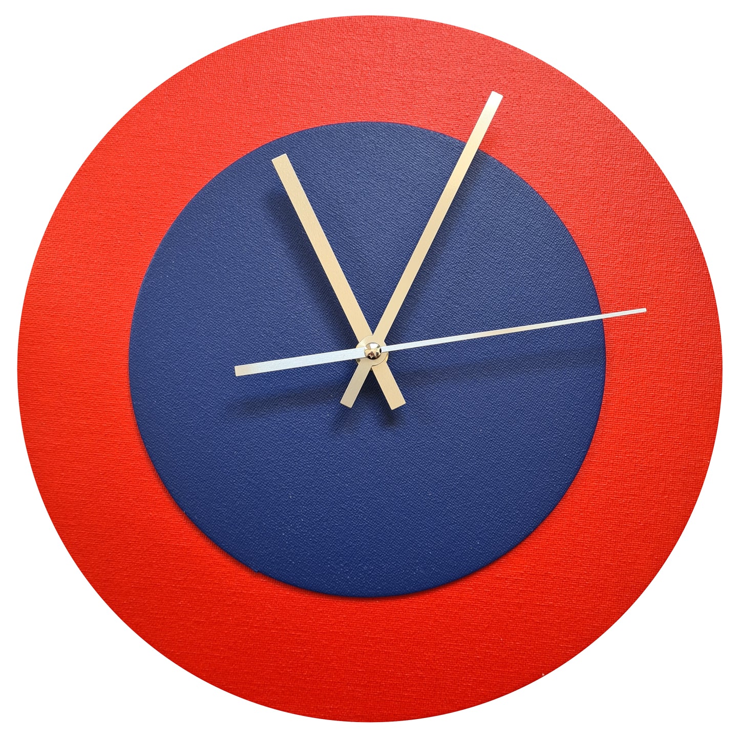 Pop Art Wanduhr Hellrot  Dunkelblau mit goldenen Zeigern 30 cm rund
