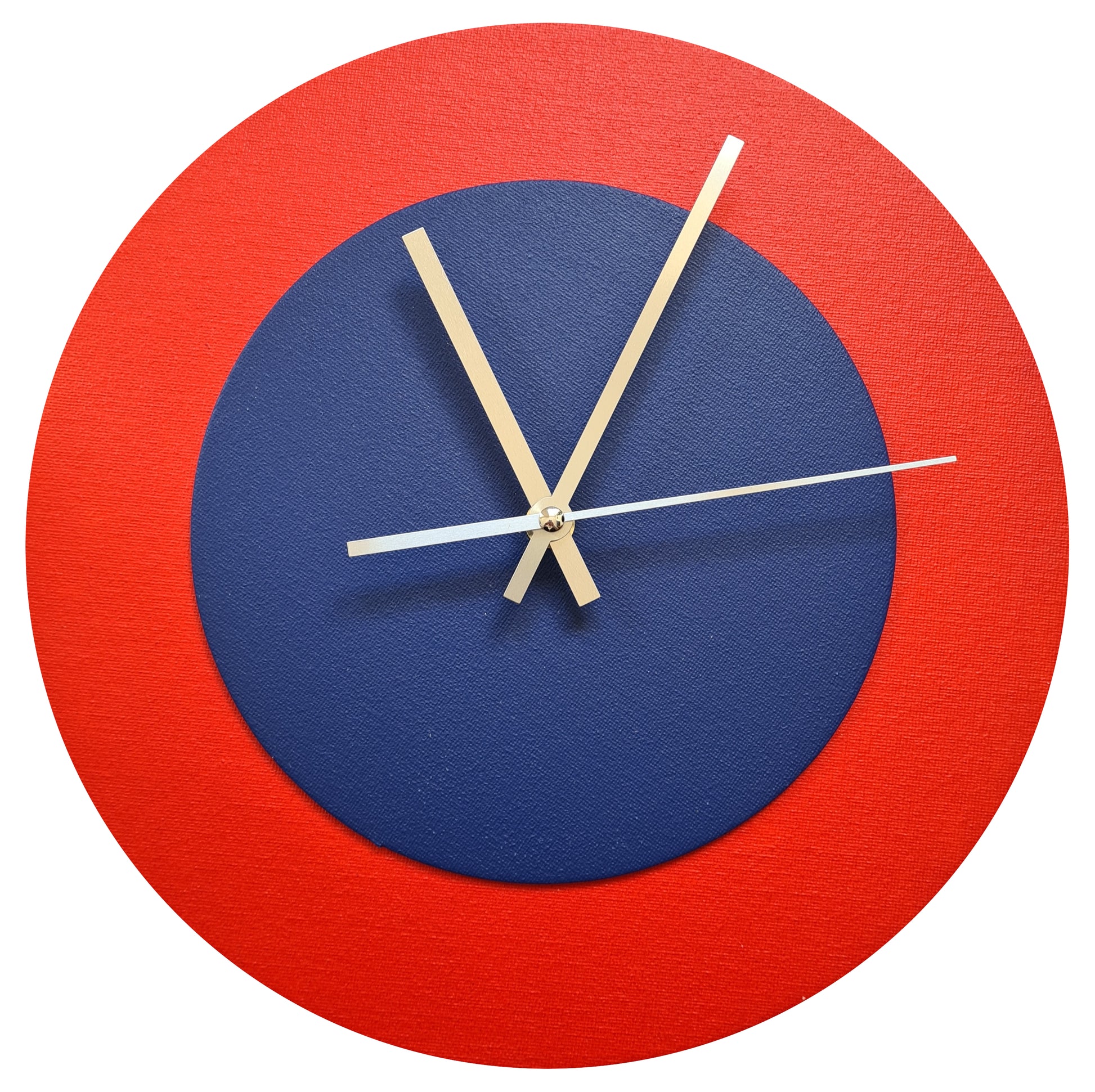 Pop Art Wanduhr Hellrot  Dunkelblau mit goldenen Zeigern 30 cm rund
