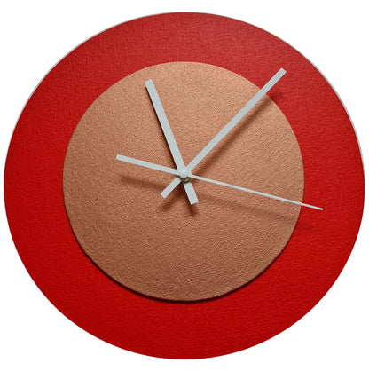 Pop Art Wanduhr Hellrot  Bronzefarben mit  weißen Zeigern 30 cm rund
