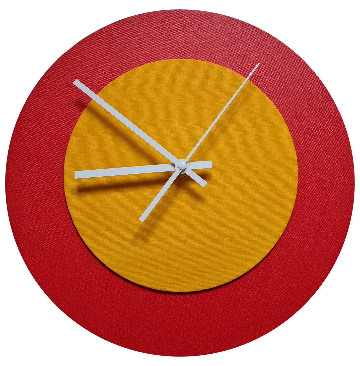 Pop Art Wanduhr Hellrot  Sonnengelb mit weißen Zeigern 30 cm rund
