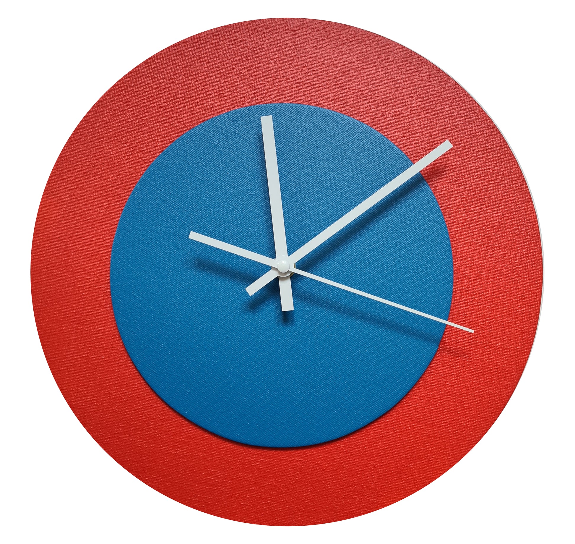 Pop Art Wanduhr Hellrot  Mittelblau mit weißen Zeigern 30 cm rund
