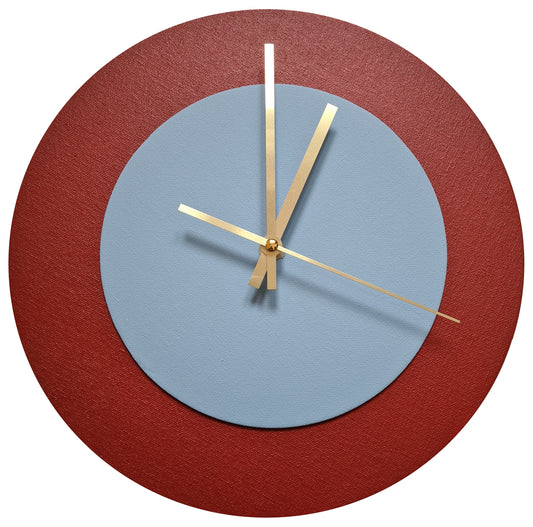 Pop Art Wanduhr Dunkelrot Hellblau  mit goldenen Zeigern 30 cm rund
