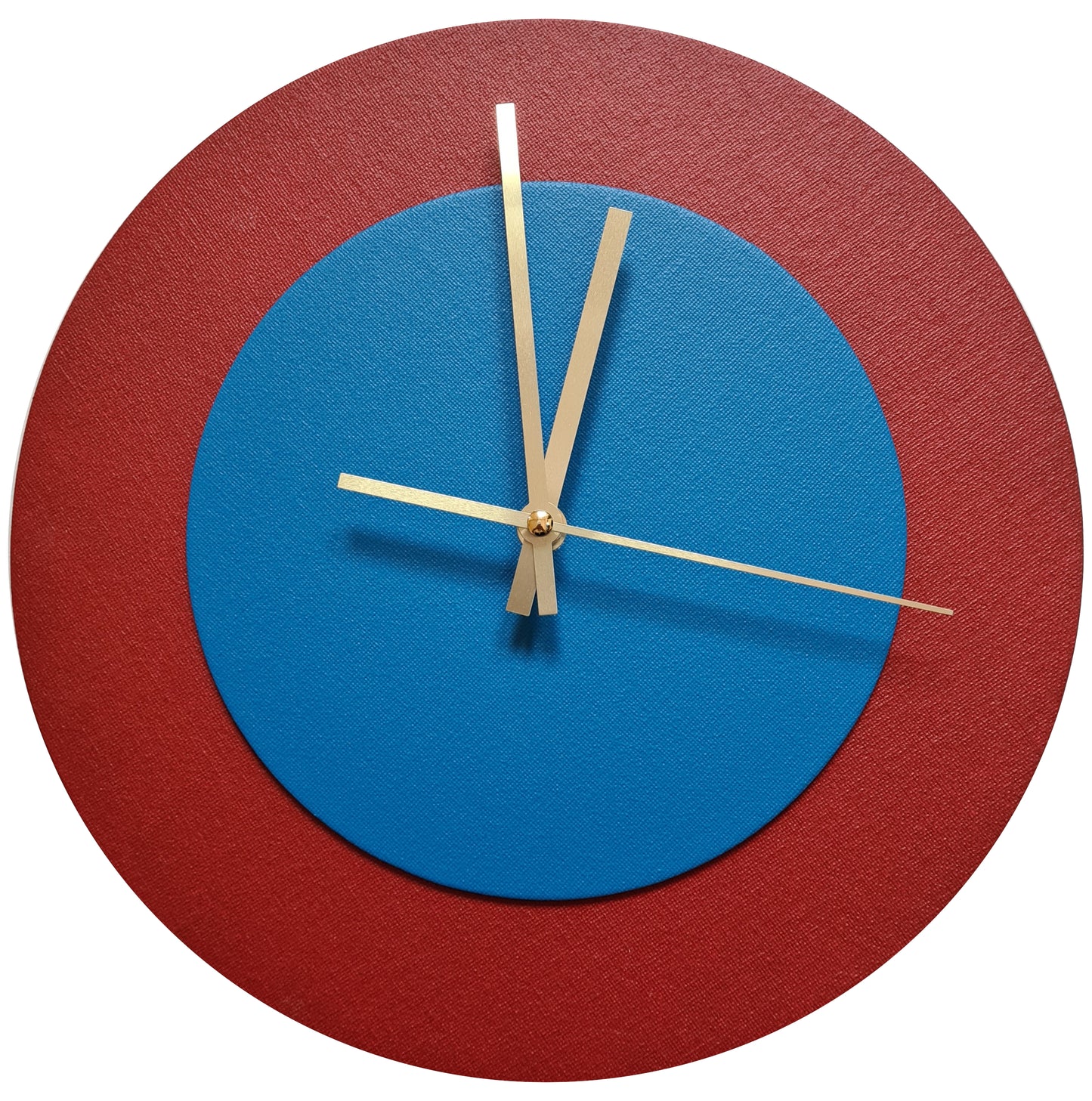 Pop Art Wanduhr Dunkelrot  Mittelblau mit goldenen Zeigern 30 cm rund
