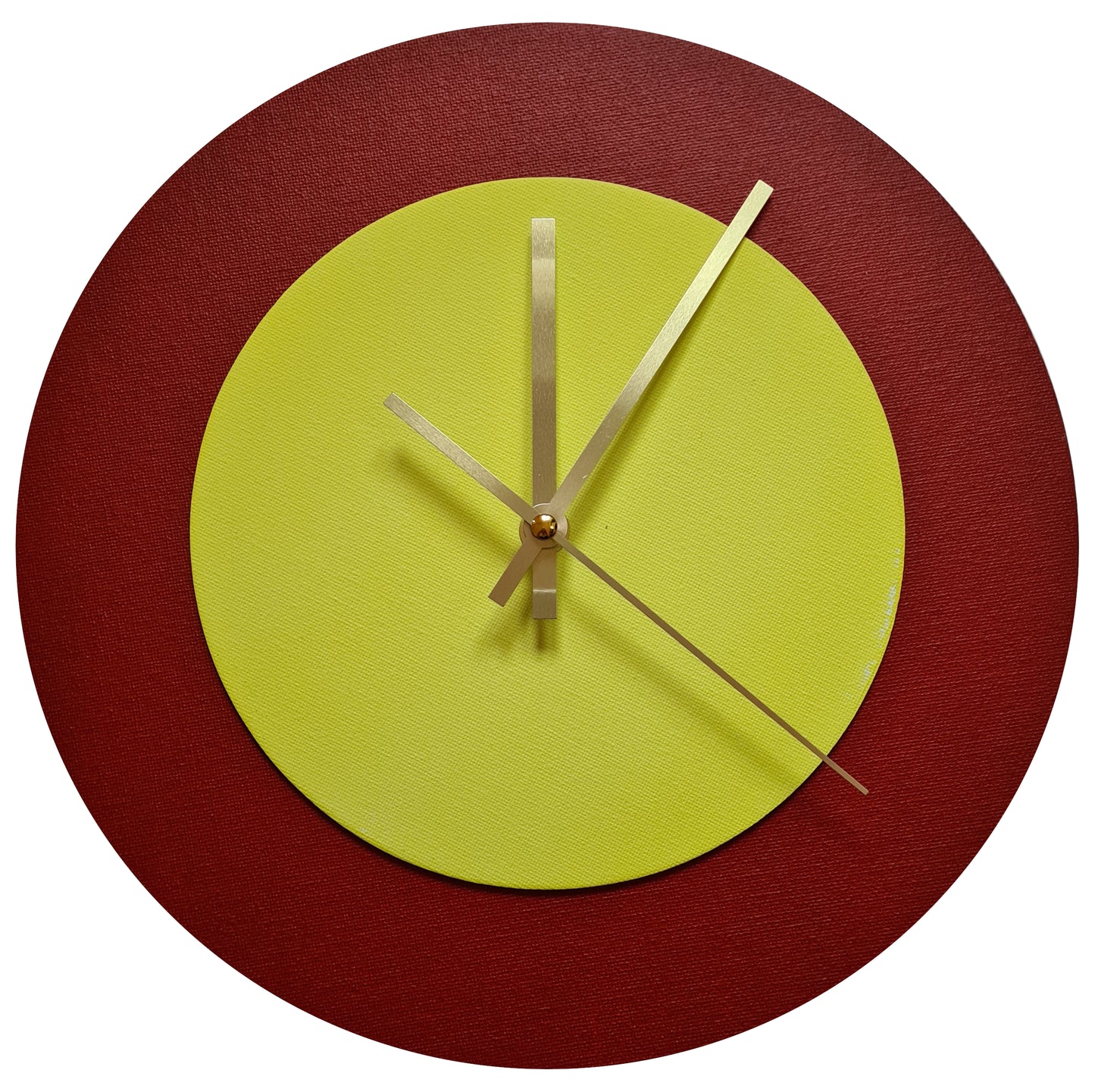 Pop Art Wanduhr Dunkelrot  Hellgelb mit goldenen Zeigern 30 cm rund
