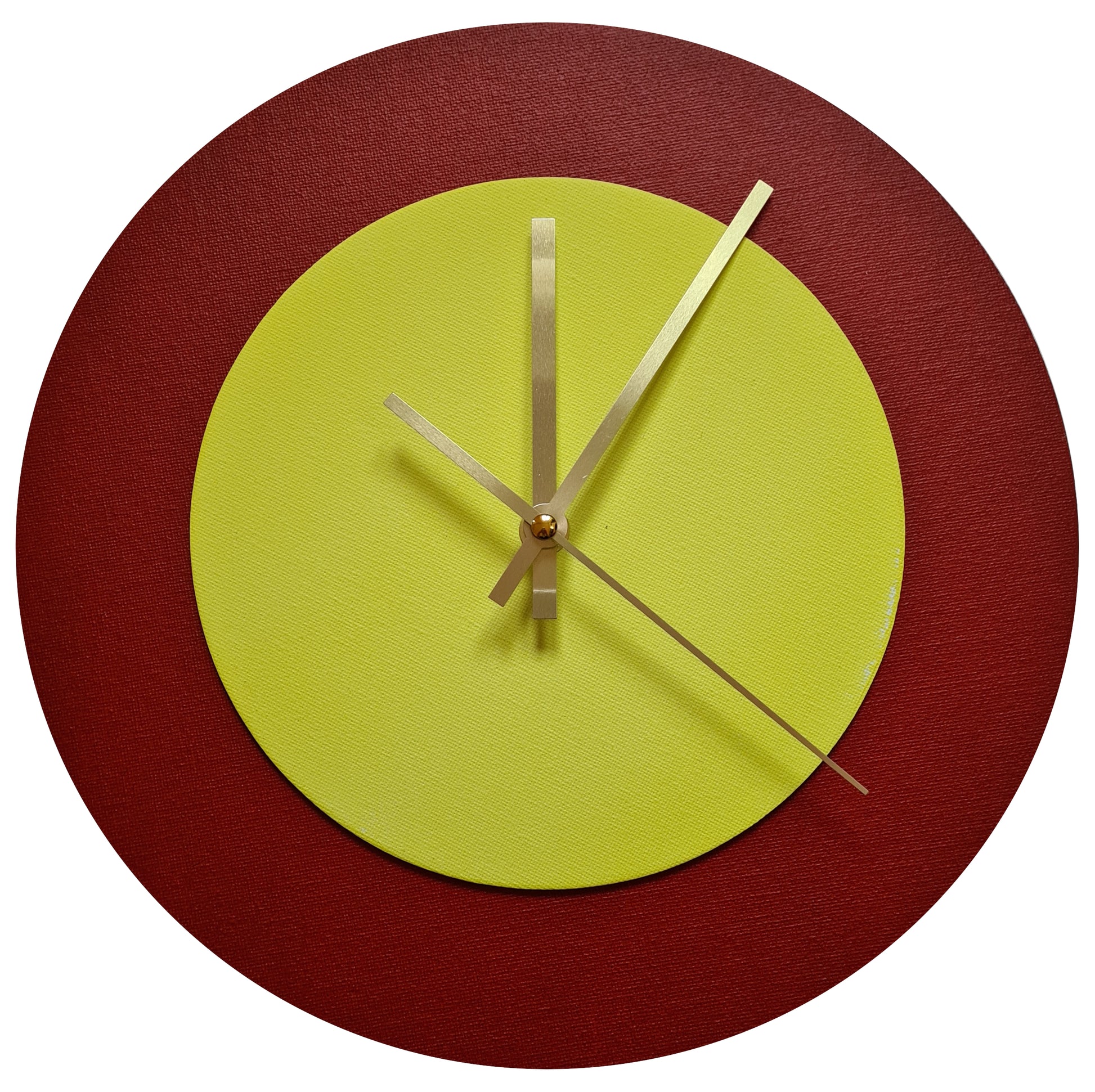 Pop Art Wanduhr Dunkelrot  Hellgelb mit goldenen Zeigern 30 cm rund
