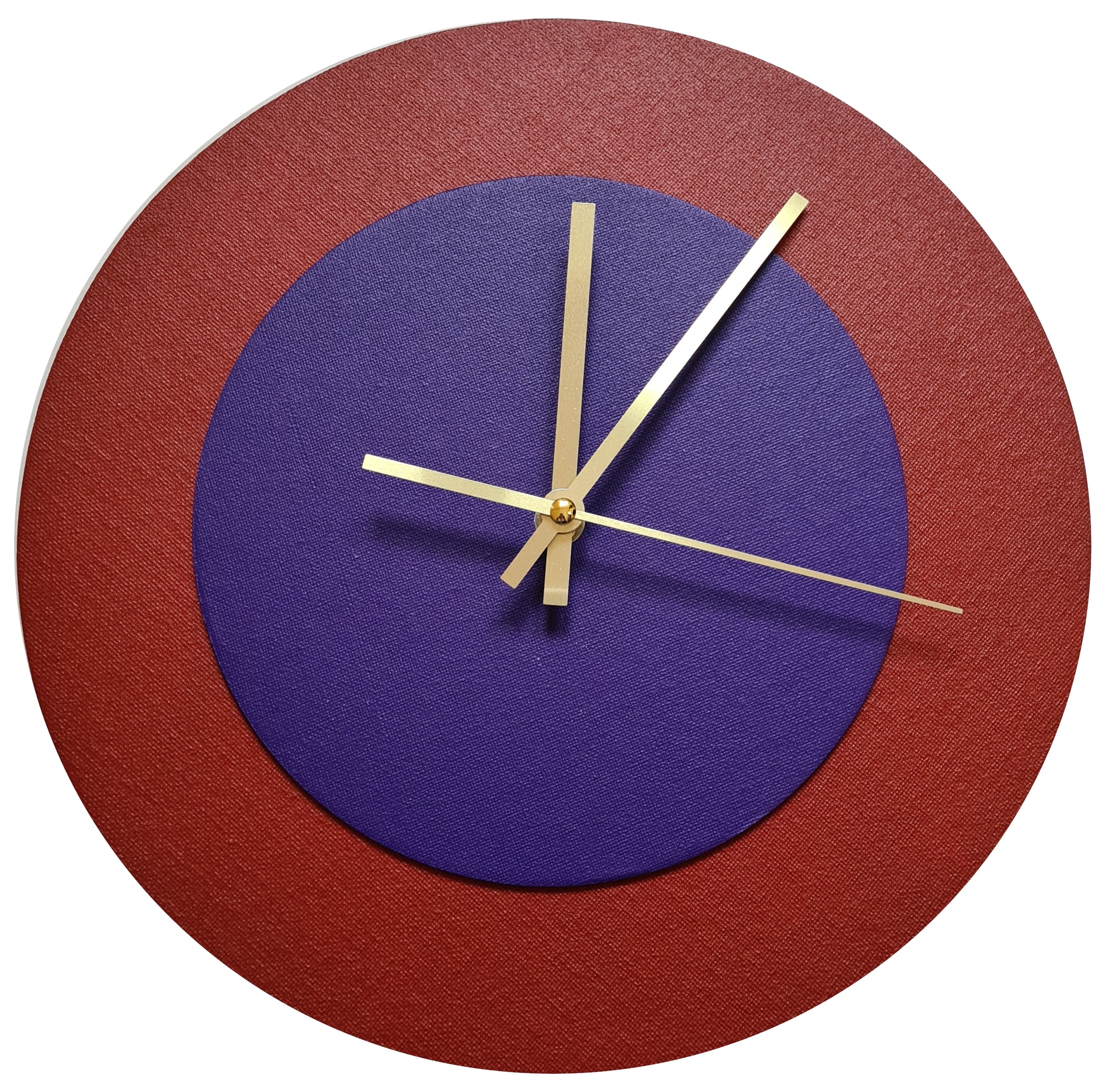 Pop Art Wanduhr Dunkelrot  Lilafarben mit goldenen Zeigern 30 cm rund
