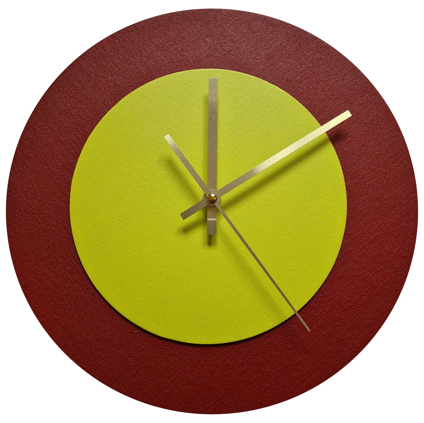 Pop Art Wanduhr Dunkelrot  Farngrün mit goldenen Zeigern 30 cm rund
