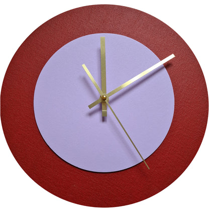 Pop Art Wanduhr Dunkelrot  Fliederfarben mit goldenen Zeigern 30 cm rund
