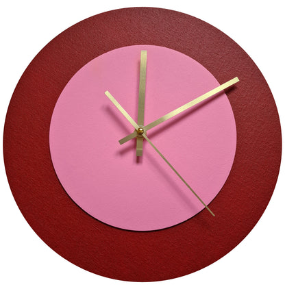 Pop Art Wanduhr Dunkelrot  Rosafarben mit goldenen Zeigern 30 cm rund
