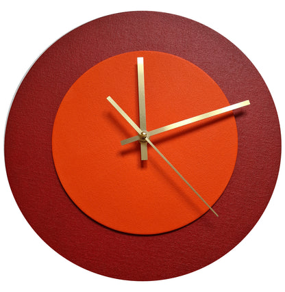 Pop Art Wanduhr Dunkelrot  Orangefarben mit goldenen Zeigern 30 cm rund

