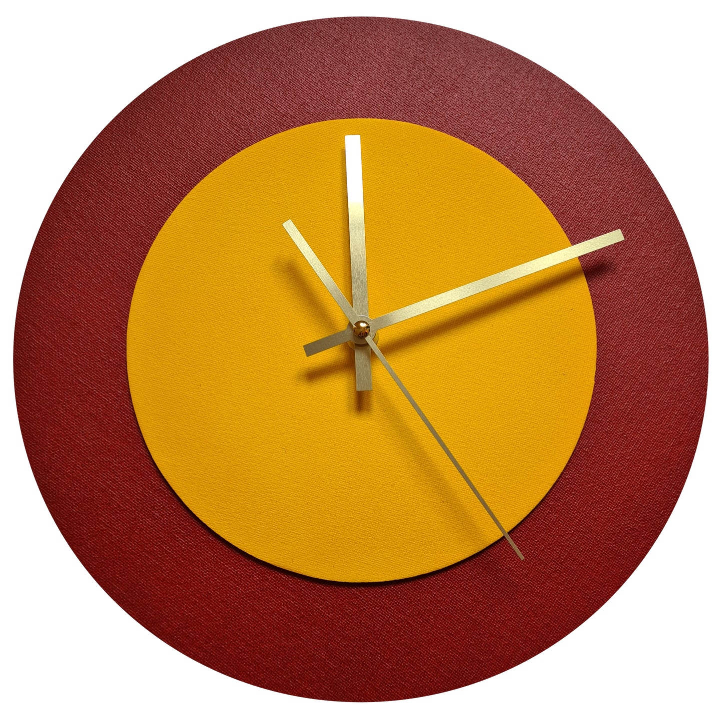 Pop Art Wanduhr Dunkelrot  Sonnengelb mit goldenen Zeigern 30 cm rund
