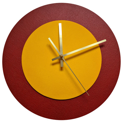 Pop Art Wanduhr Dunkelrot  Sonnengelb mit goldenen Zeigern 30 cm rund
