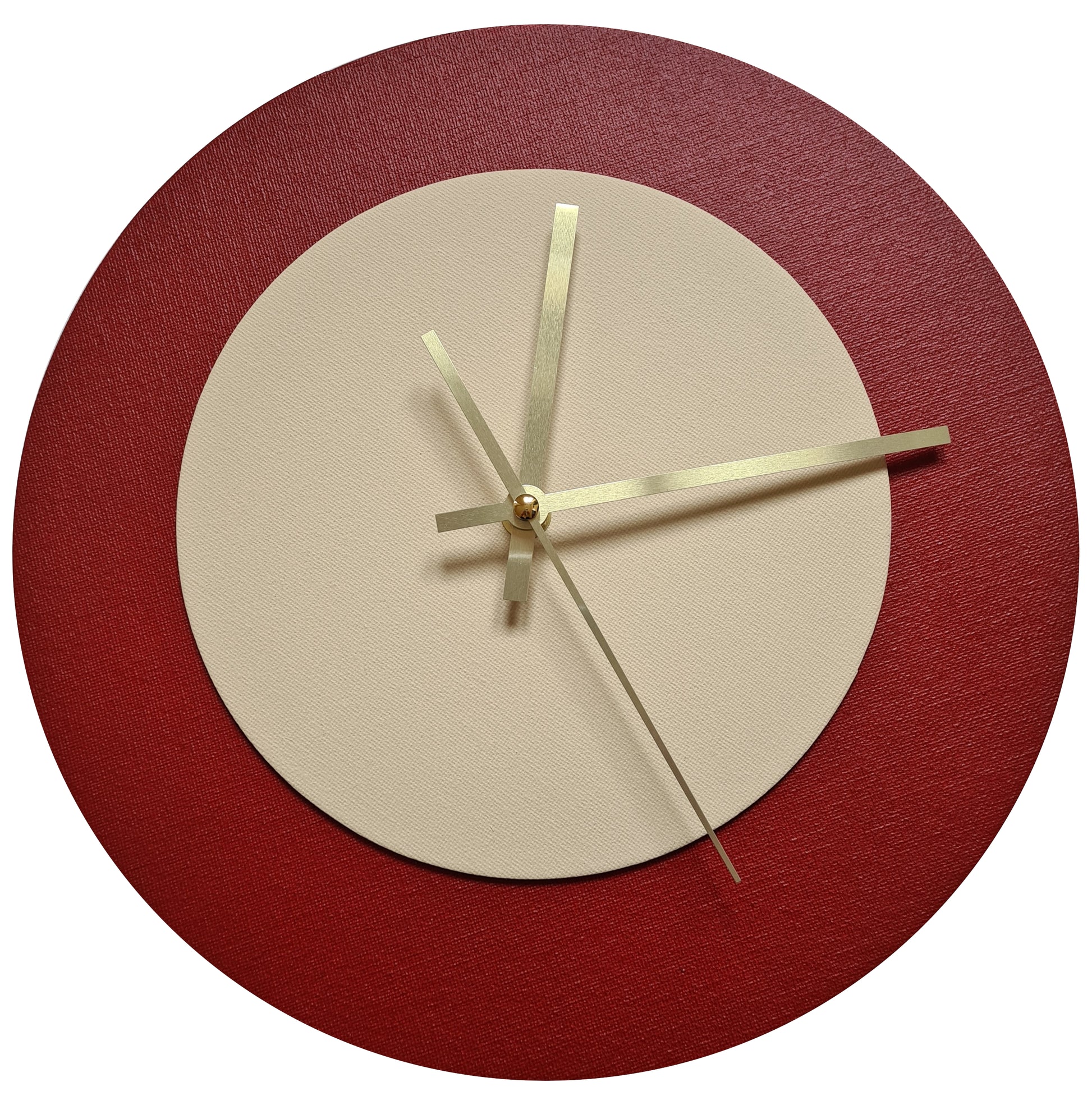Pop Art Wanduhr Dunkelrot  Cremefarben mit goldenen Zeigern 30 cm rund
