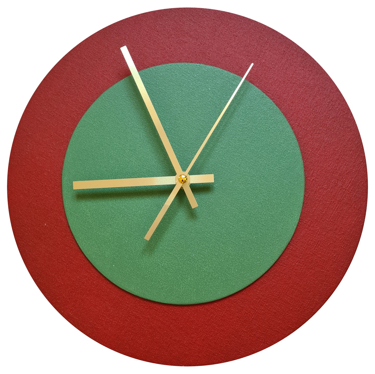 Pop Art Wanduhr Dunkelrot  Laubgrün mit goldenen Zeigern 30 cm rund

