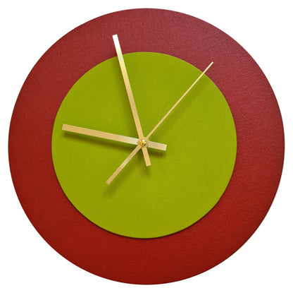 Pop Art Wanduhr Dunkelrot  Olivgrün mit goldenen Zeigern 30 cm rund
