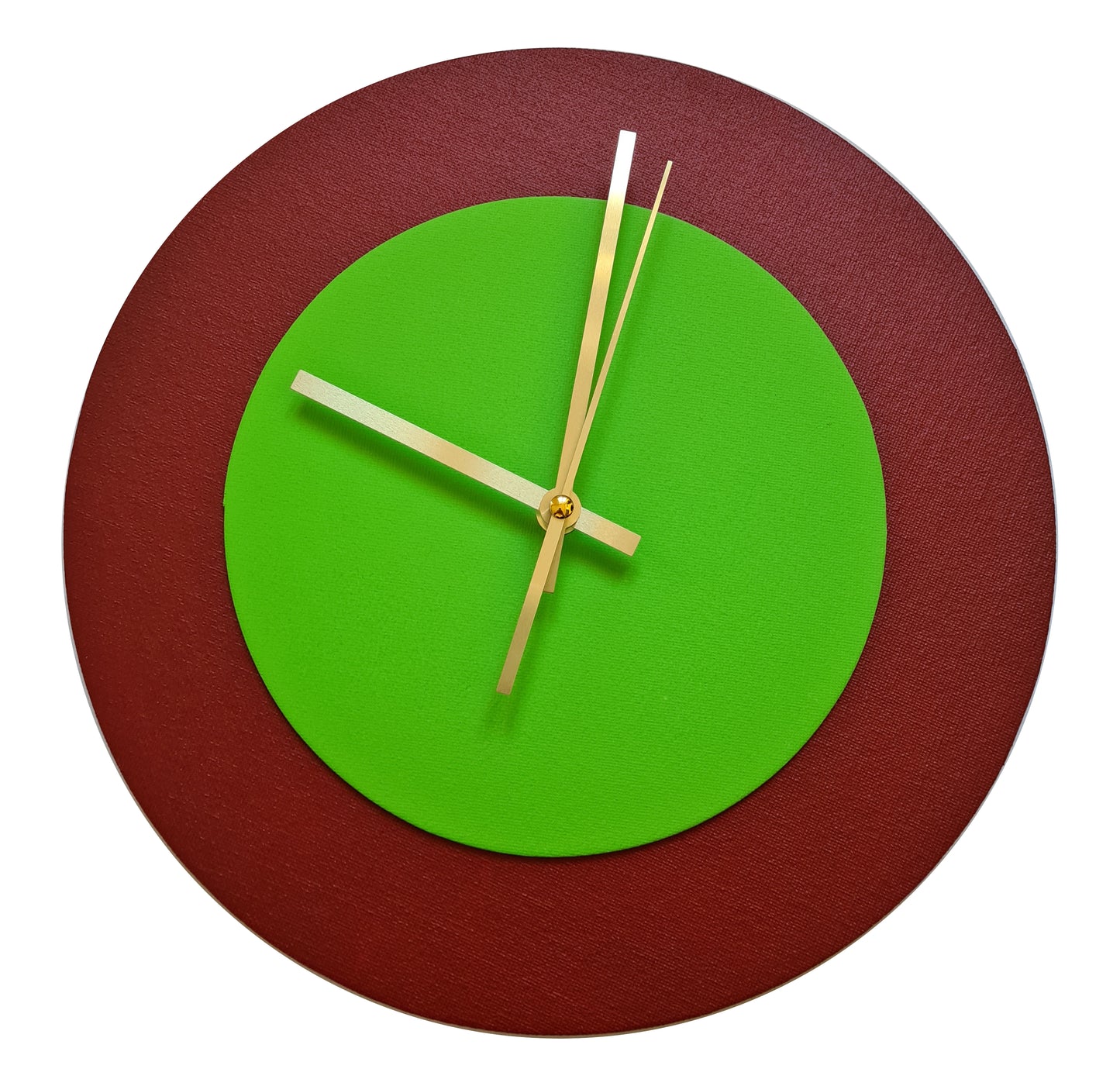 Pop Art Wanduhr Dunkelrot  Hellgrün mit goldenen Zeigern 30 cm rund
