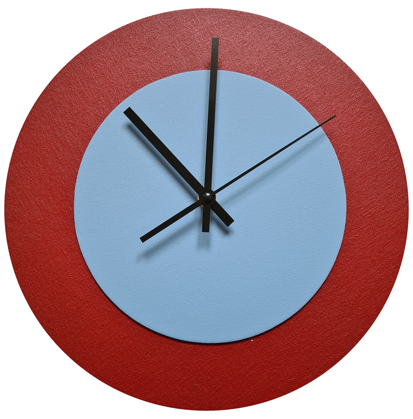 Pop Art Wanduhr Dunkelrot Hellblau  mit schwarzen Zeigern 30 cm rund
