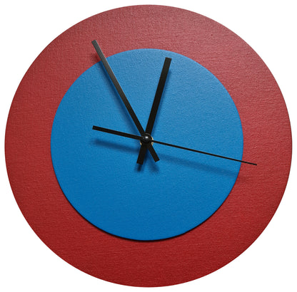 Pop Art Wanduhr Dunkelrot  Mittelblau mit schwarzen Zeigern 30 cm rund
