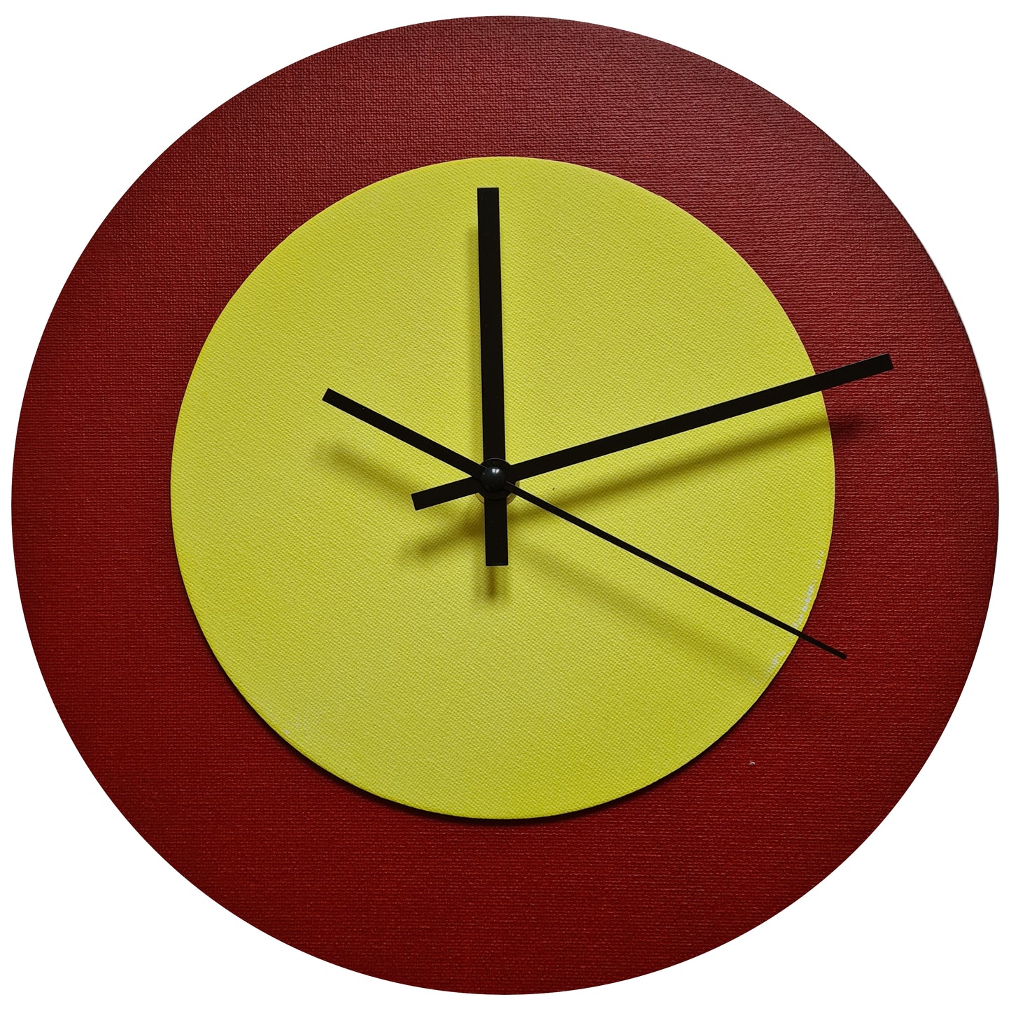 Pop Art Wanduhr Dunkelrot  Hellgelb mit schwarzen Zeigern 30 cm rund
