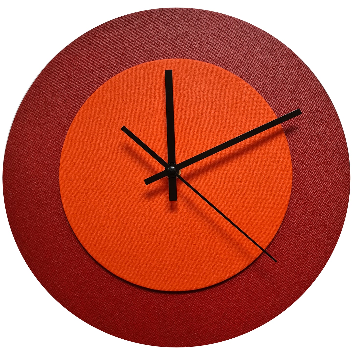 Pop Art Wanduhr Dunkelrot  Orangefarben mit schwarzen Zeigern 30 cm rund

