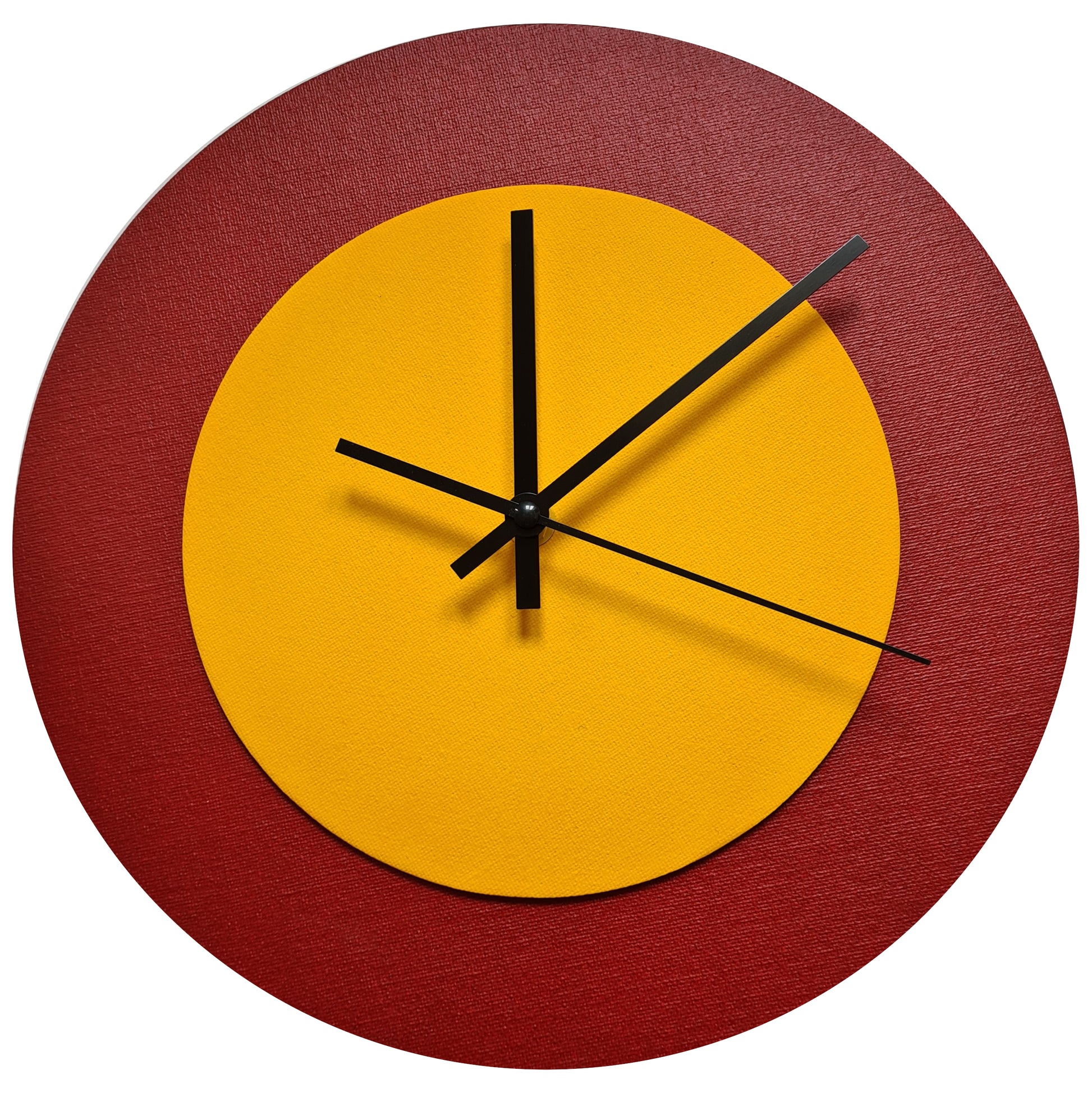 Pop Art Wanduhr Dunkelrot  Sonnengelb mit schwarzen Zeigern 30 cm rund
