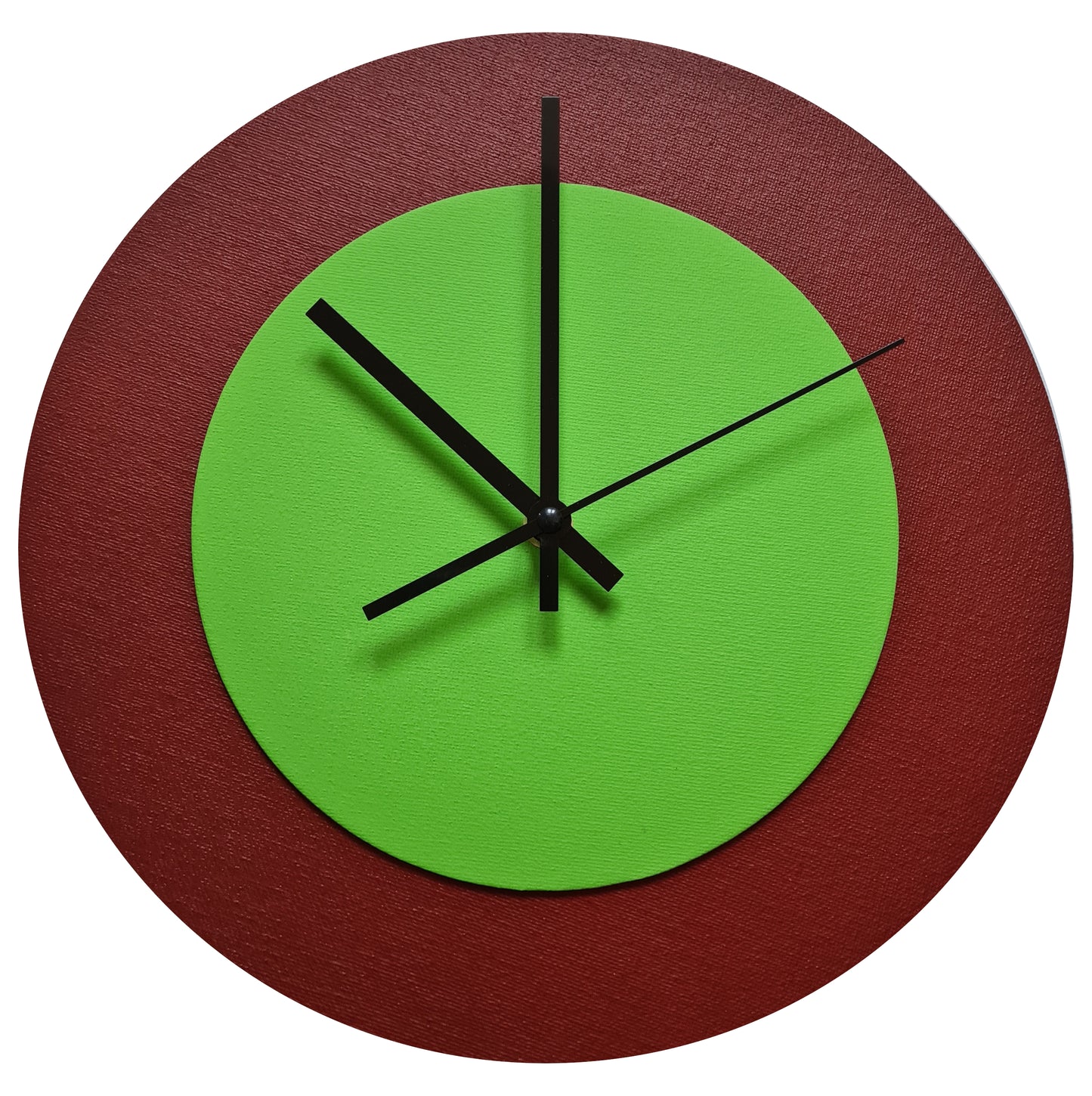 Pop Art Wanduhr Dunkelrot  Hellgrün mit schwarzen Zeigern 30 cm rund
