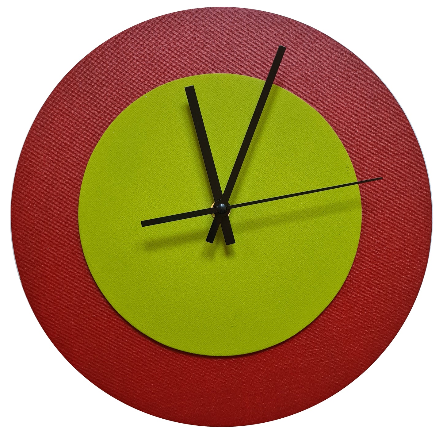 Pop Art Wanduhr Dunkelrot  Olivgrün mit schwarzen Zeigern 30 cm rund
