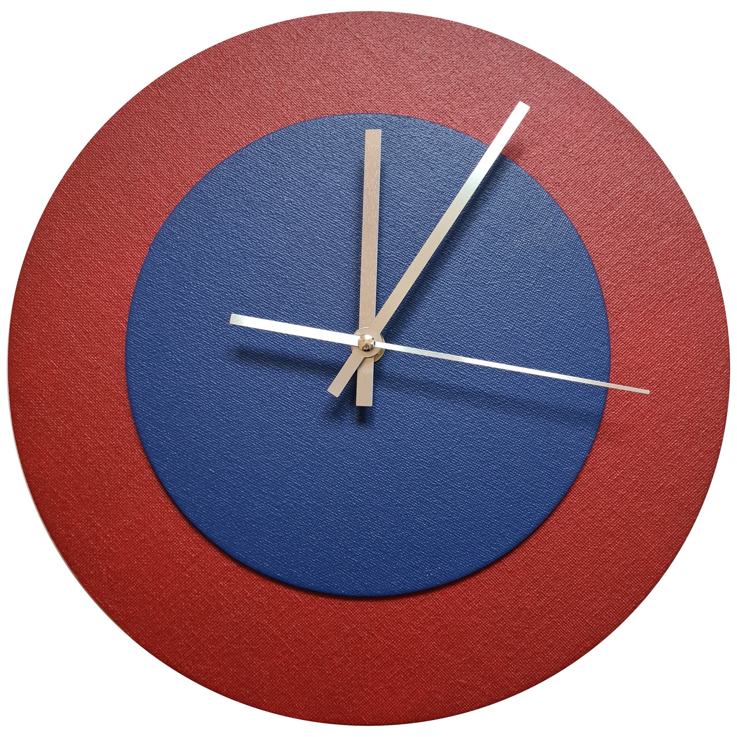 Pop Art Wanduhr Dunkelrot  Dunkelblau mit silbernen Zeigern 30 cm rund
